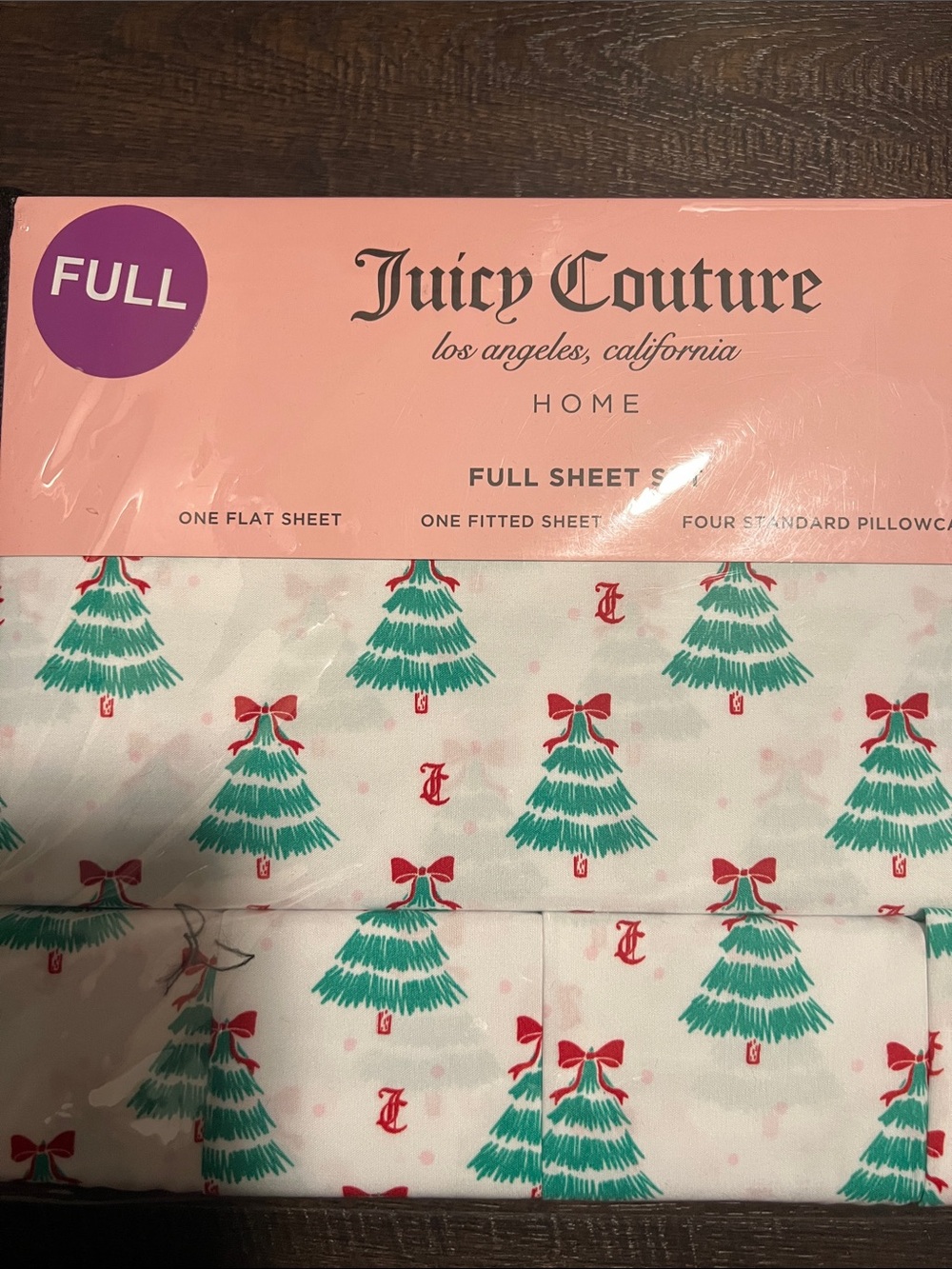 Juicy Couture White Sheet Set with Green Trees & Red Bows